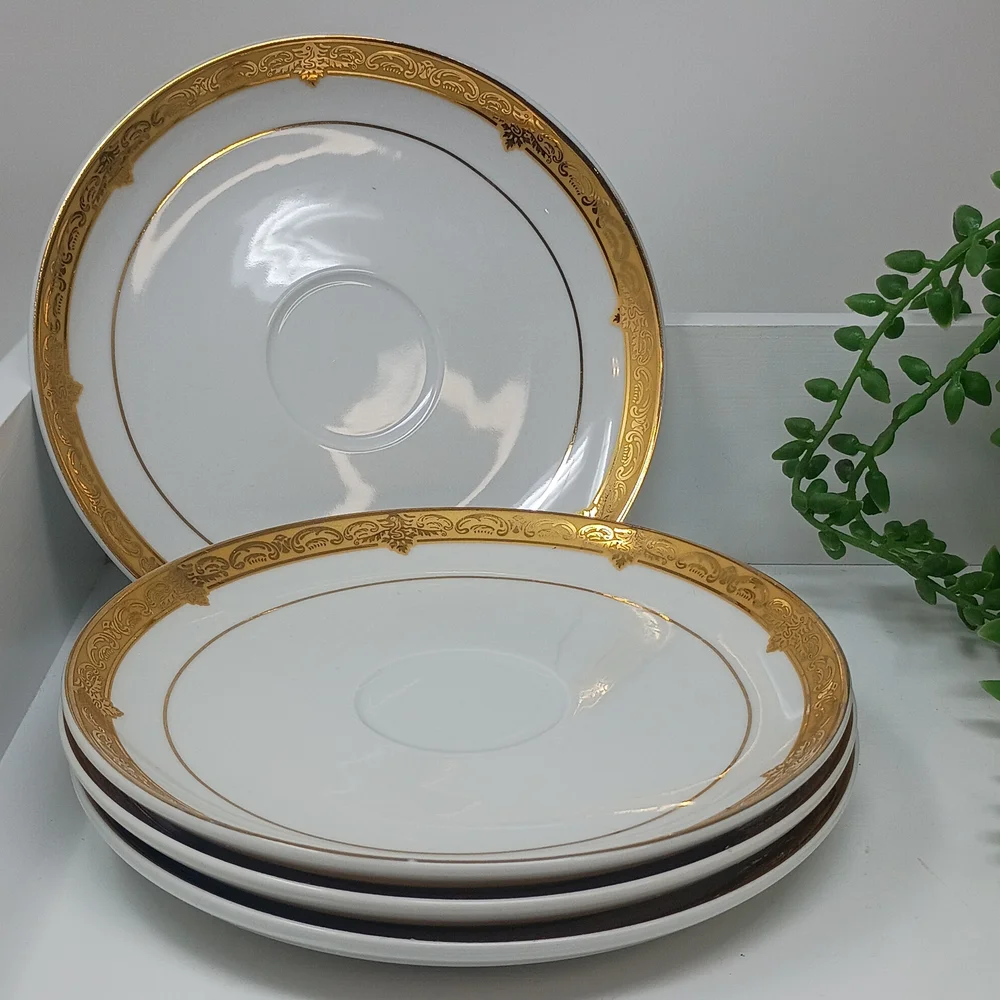 Pegasus Elegant 4pc Gold Rimmed White With Gold Trim 6.Inch Saucer's